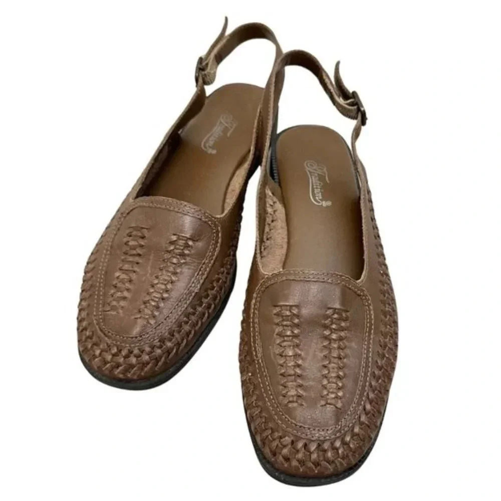 Tradition Genuine Leather Upper Woven Sling Back Flats Boho Brown Women's 7